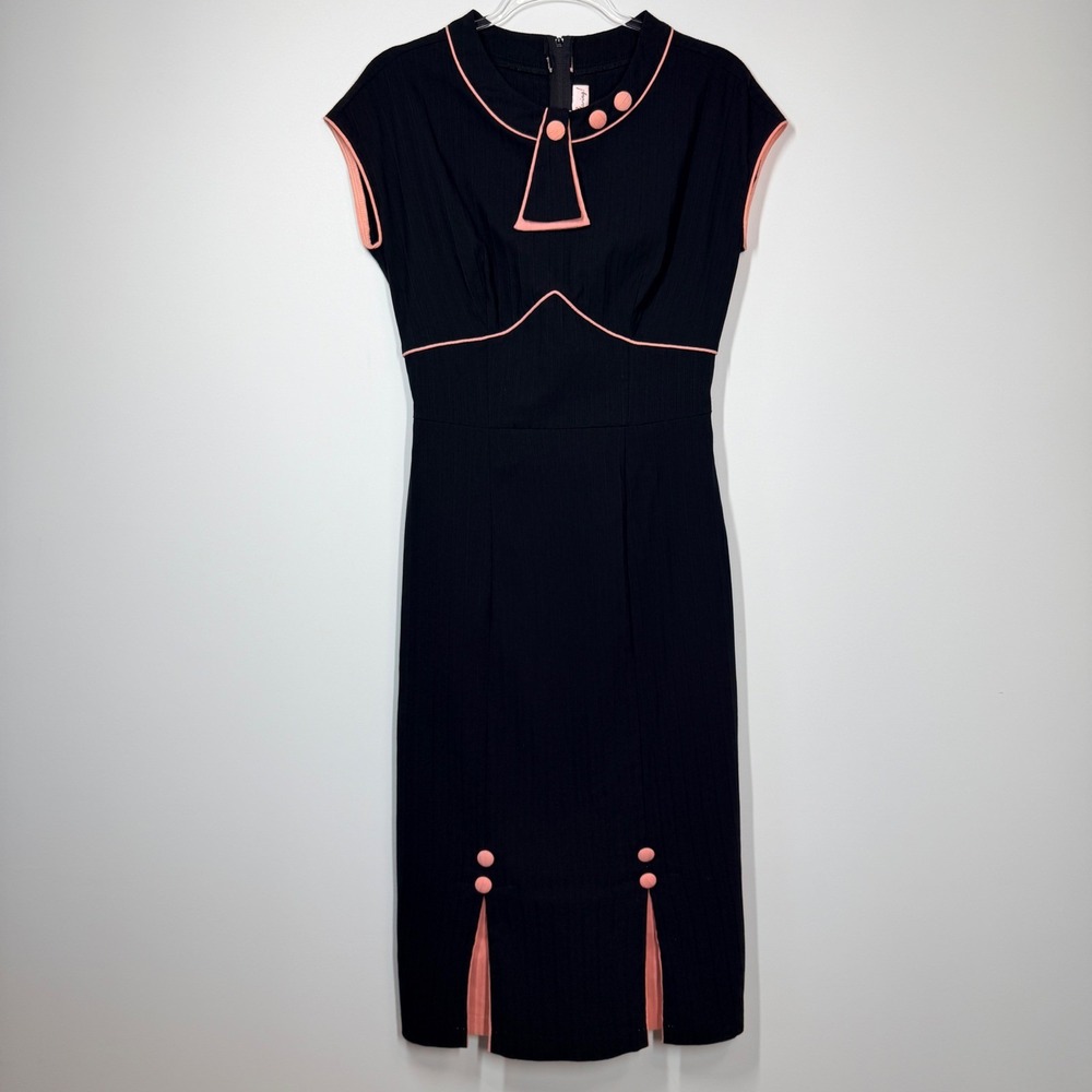 Stop Staring! Black Wiggle Dress Soft Pink Trim XL Vintage Pin-Up Midi - Picture 9 of 16